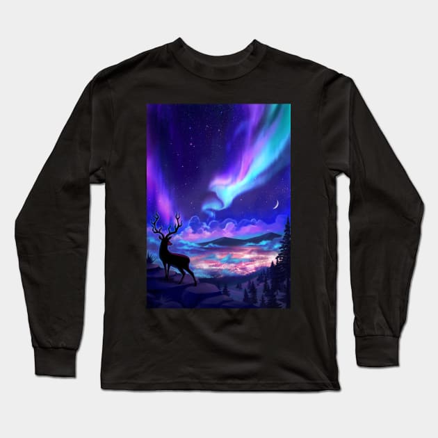 Deer Under Aurora Borealis Long Sleeve T-Shirt by KucingKecil